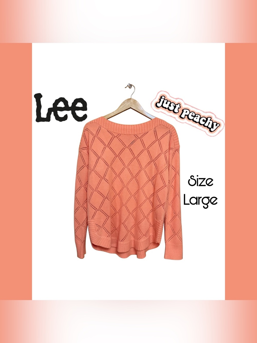 🍑 Lee Peachy Orange Boat Neck Sweater L Soft Lightweight Coastal Chic Knit 🍑